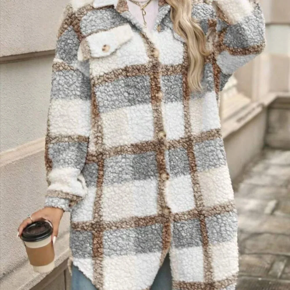 ❤️ SALE Women’s Long Plaid Teddy Jacket Womens Shacket Plaid Jacket - Picture 6 of 7
